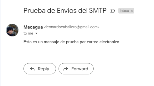 Mensaje recibido en la cuenta Gmail desde el programa email_smtplib_demo1.py.