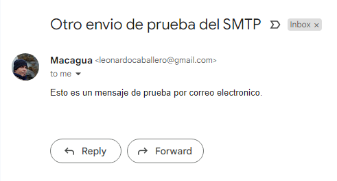 Mensaje recibido en la cuenta Gmail desde el programa email_smtplib_demo2.py.